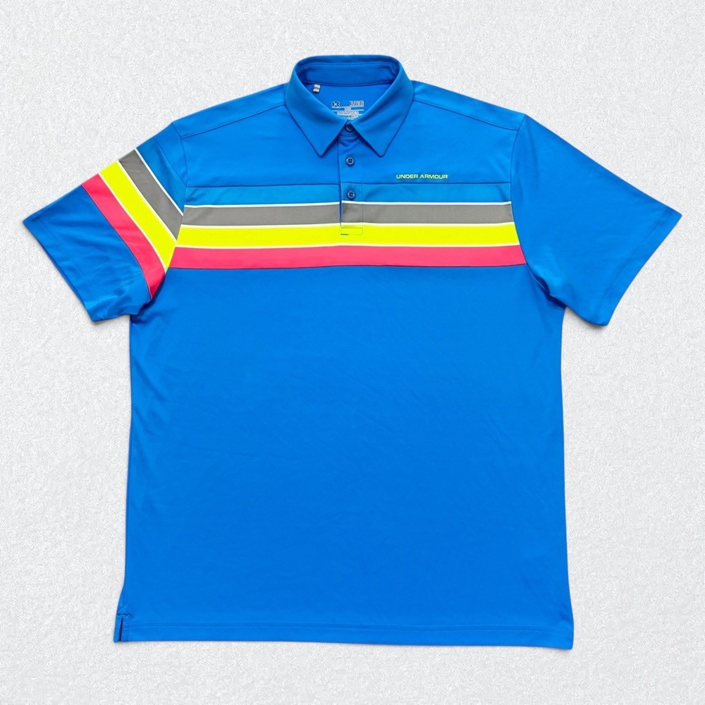 Under Armour Polo Shirt Mens XL Blue Striped HeatGear Short Sleeve Loose Fit